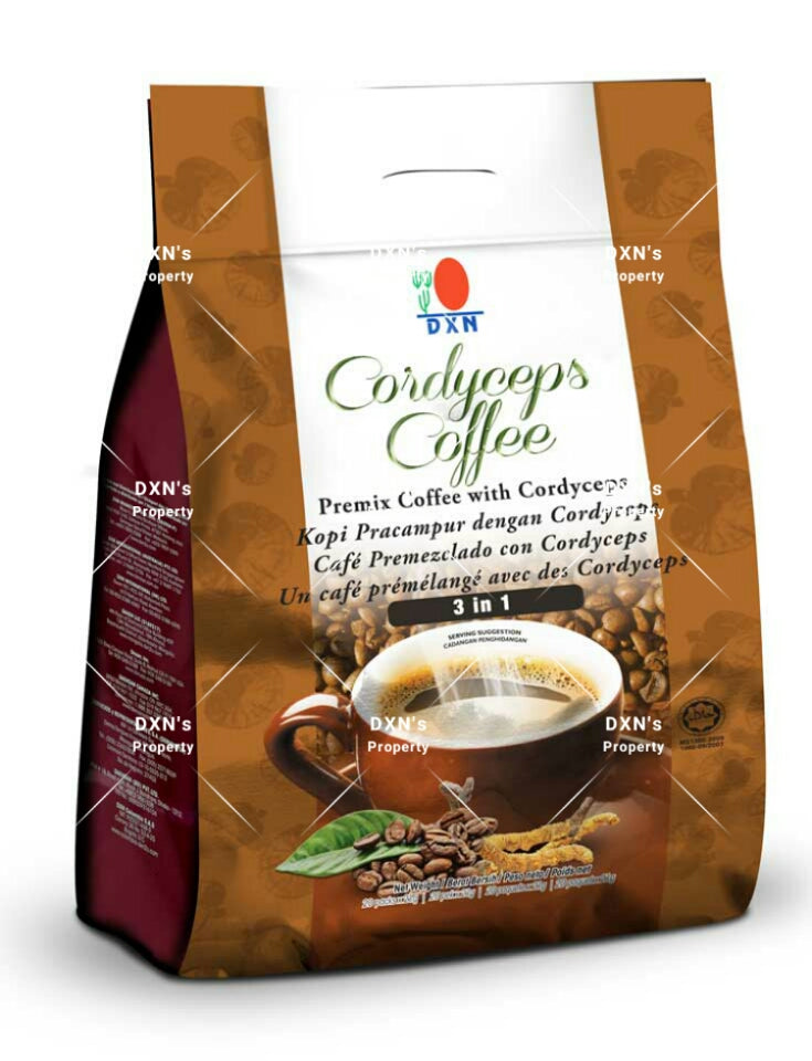 DXN Cordyceps Coffee 3 in 1: Energizing blend of coffee, cordyceps, and ganoderma.