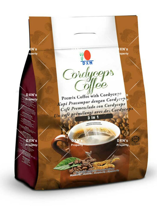 DXN Cordyceps Coffee 3 in 1: Energizing blend of coffee, cordyceps, and ganoderma.